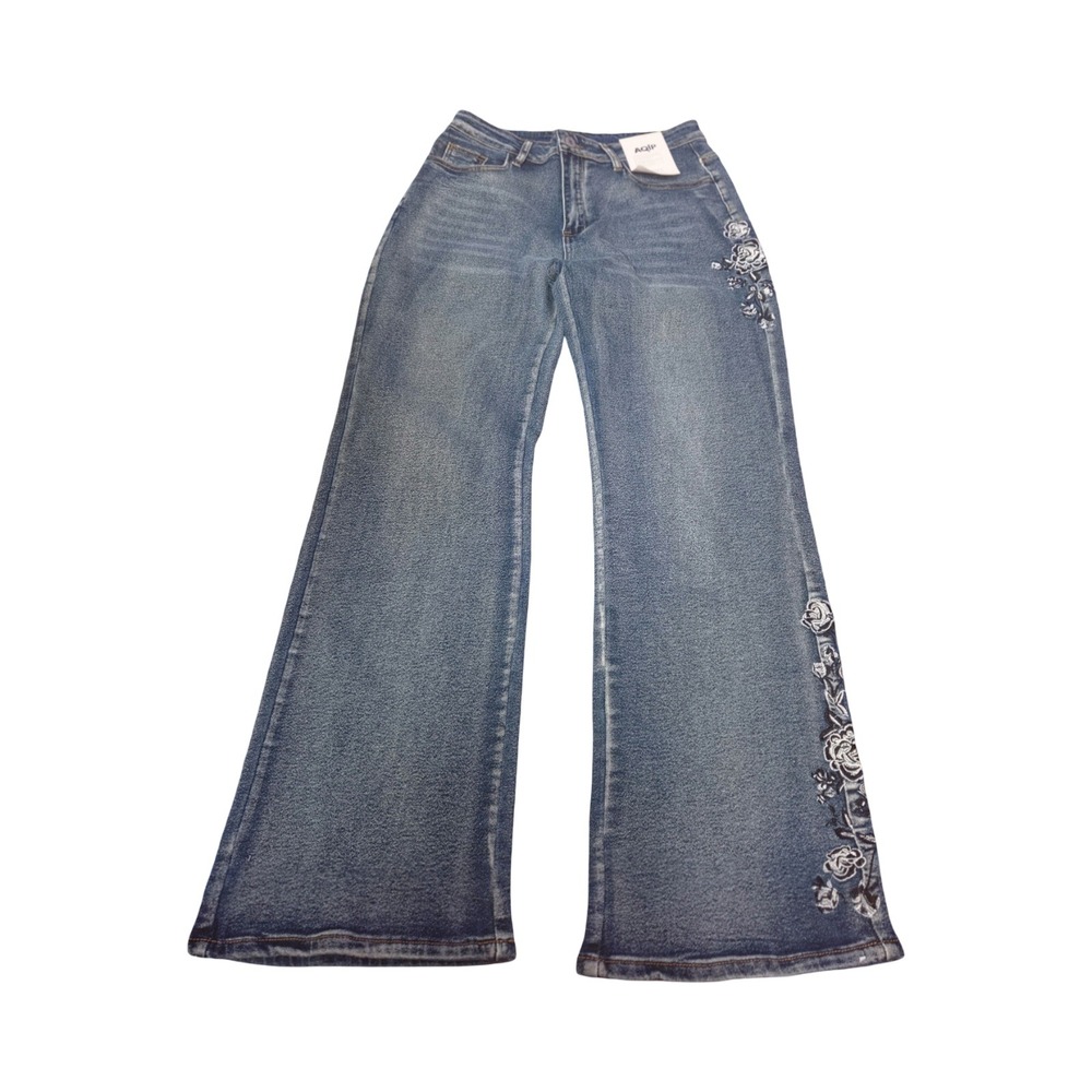 AQIP Womens Wide Leg Floral Embroidered Jeans Medium Wash Size L